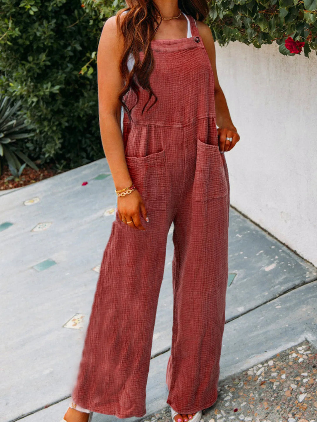 Full Size Casual Wide Leg Textured Overalls Plus Size