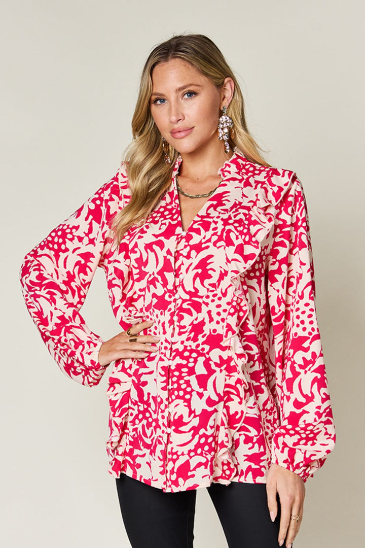 Printed Ruffle Balloon Sleeve Button-Down Top