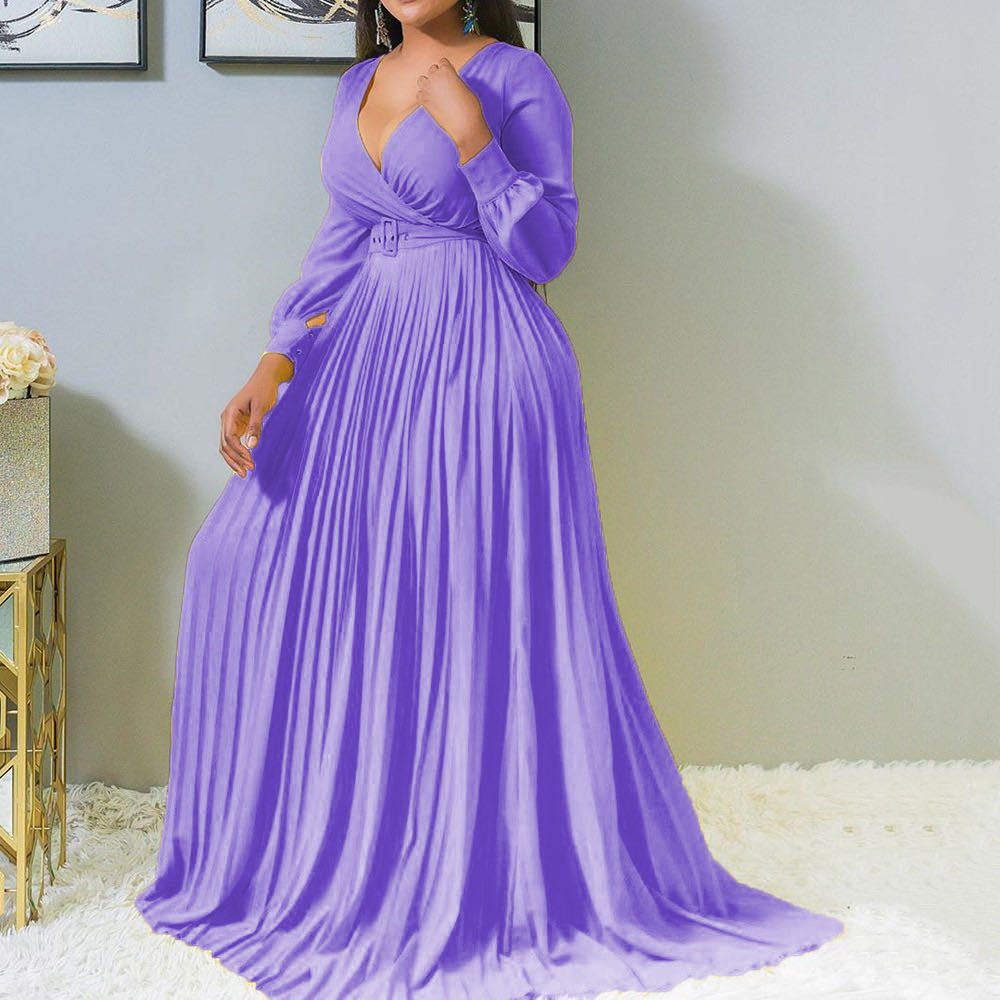 Women Deep V Plunge Cross Gathers Front Chest Lower Solid Color Pleated Puffy Dress No Belt