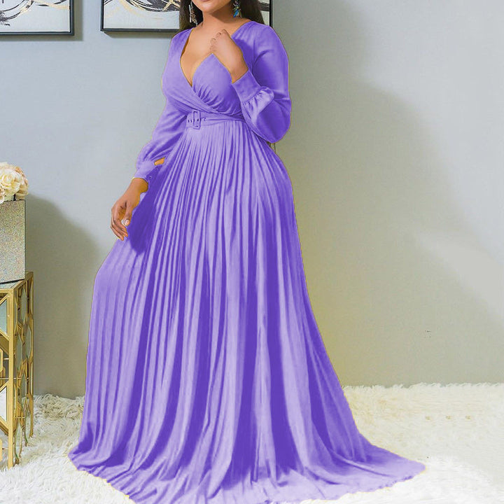 Women Deep V Plunge Cross Gathers Front Chest Lower Solid Color Pleated Puffy Dress No Belt
