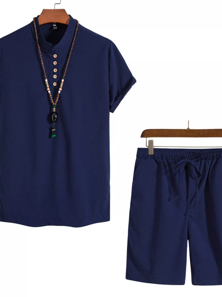 Men's Plus Size Casual Mandarin Collar Short Sleeve Shirt and Shorts Set