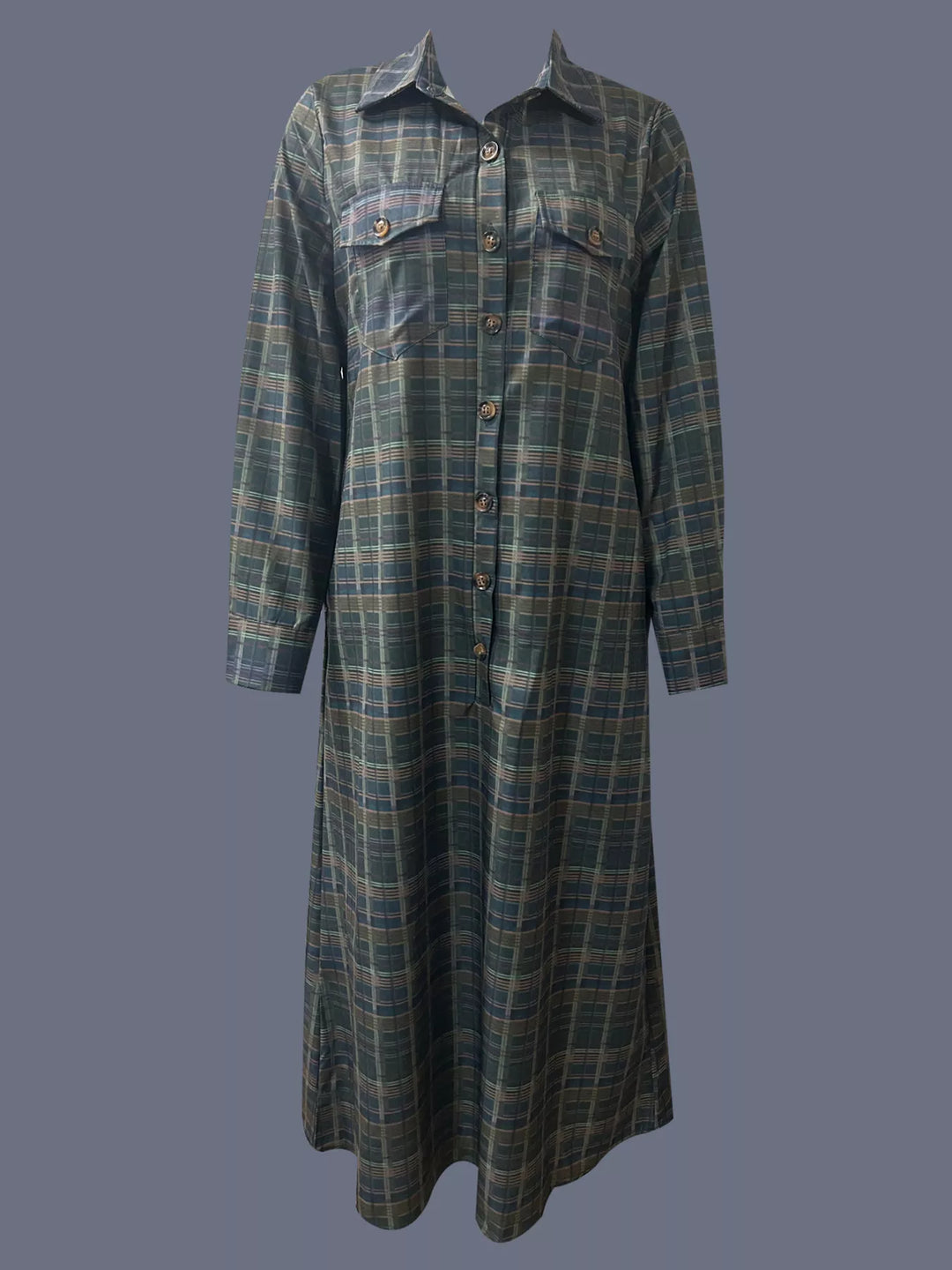 Plaid Button Front Maxi Shirt Dress