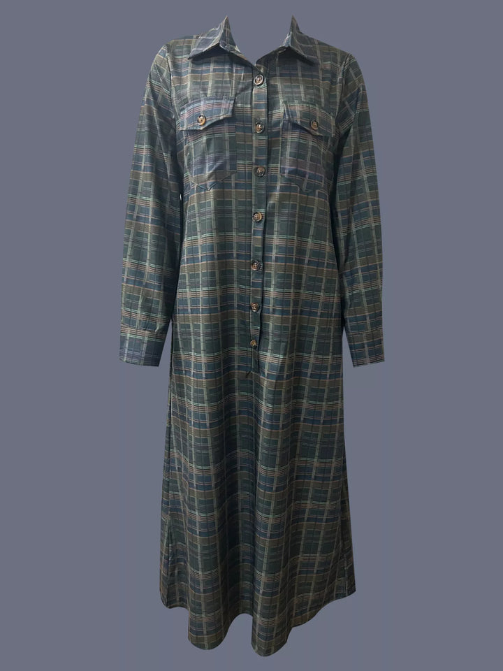 Plaid Button Front Maxi Shirt Dress