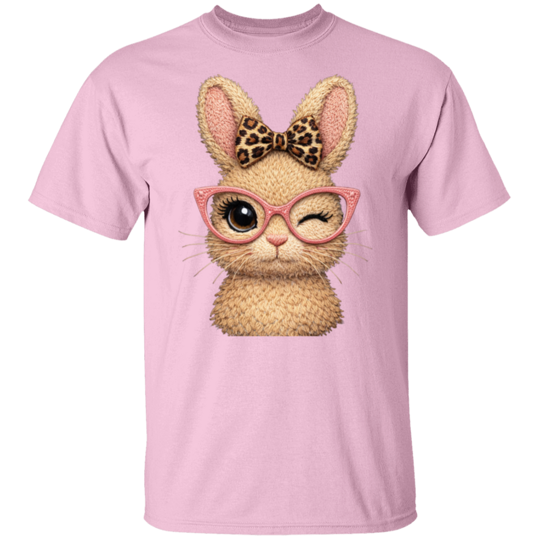 Winking Bunny Graphic Tee — Cute Bunny with Leopard Bow & Pink Glasses