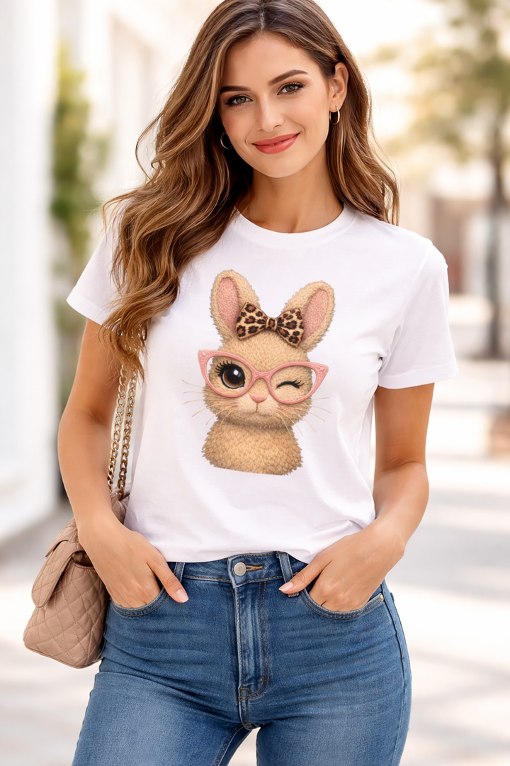 Winking Bunny Graphic Tee — Cute Bunny with Leopard Bow & Pink Glasses