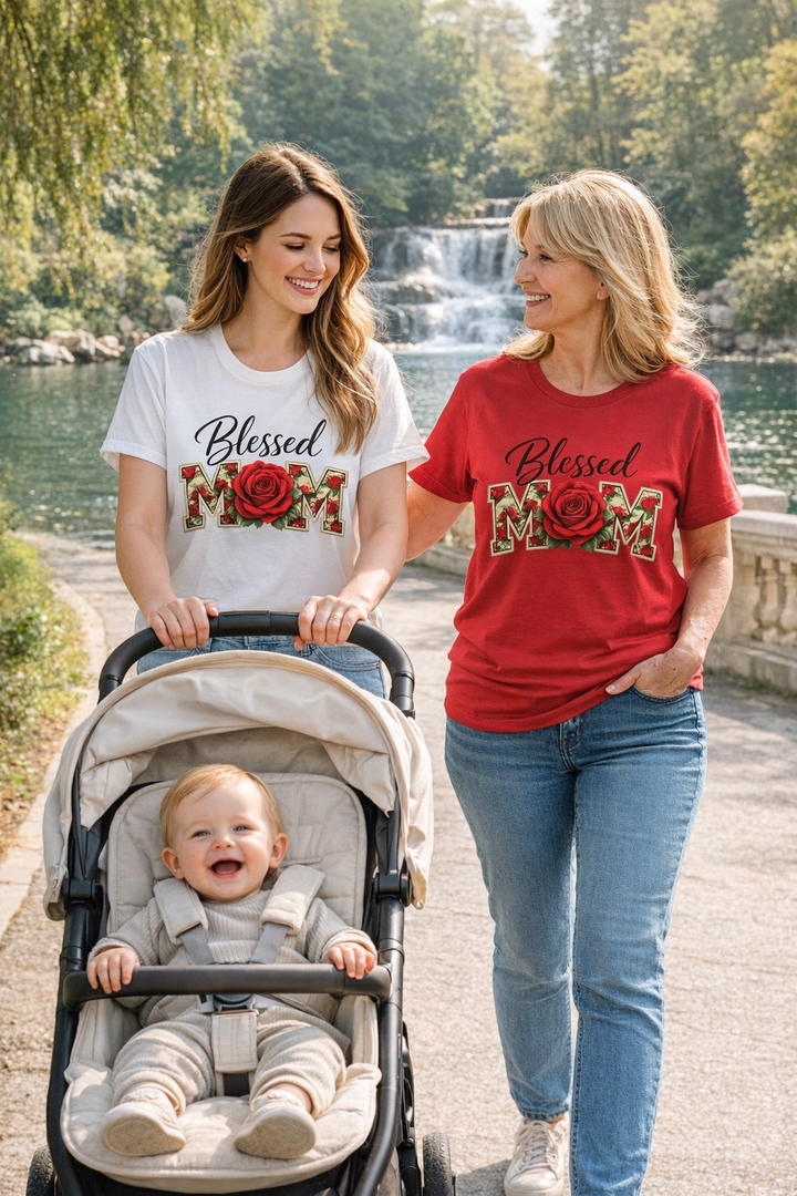 Blessed Mom rose embellished MOM T-Shirt | Mother's Day floral tee