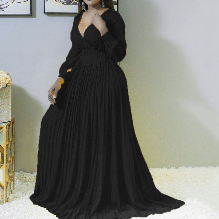 Women Deep V Plunge Cross Gathers Front Chest Lower Solid Color Pleated Puffy Dress No Belt