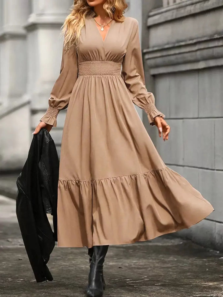 Surplice Long Sleeve Tiered Midi Dress