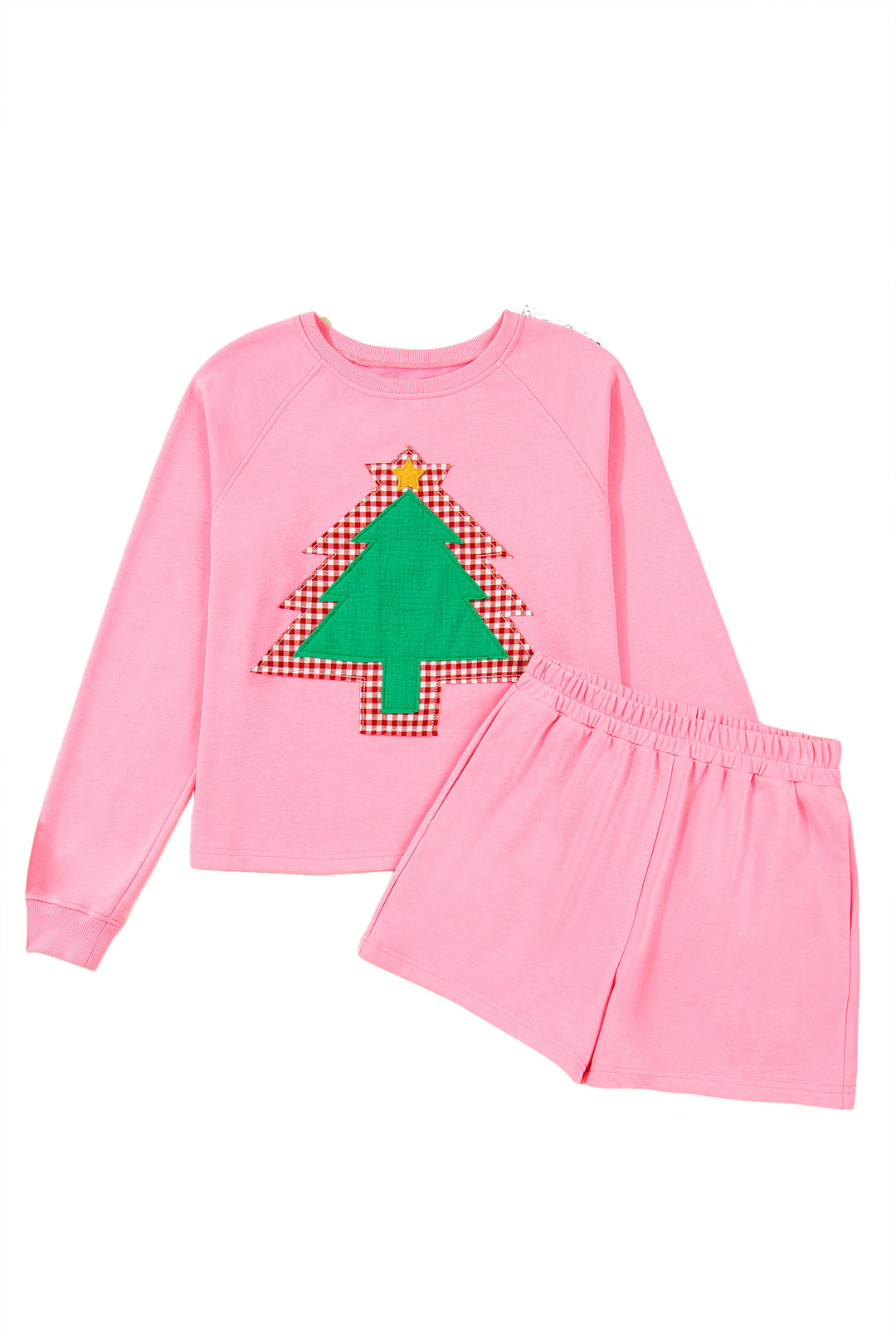 Sachet Pink Plaid Contrasted Double Christmas Tree Patched Raglan Sleeve Pullover 2pcs Short Set