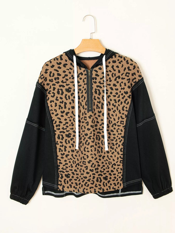 Leopard Patchwork Contrast Stitching Knotted Cuff Quarter Zip Hoodie