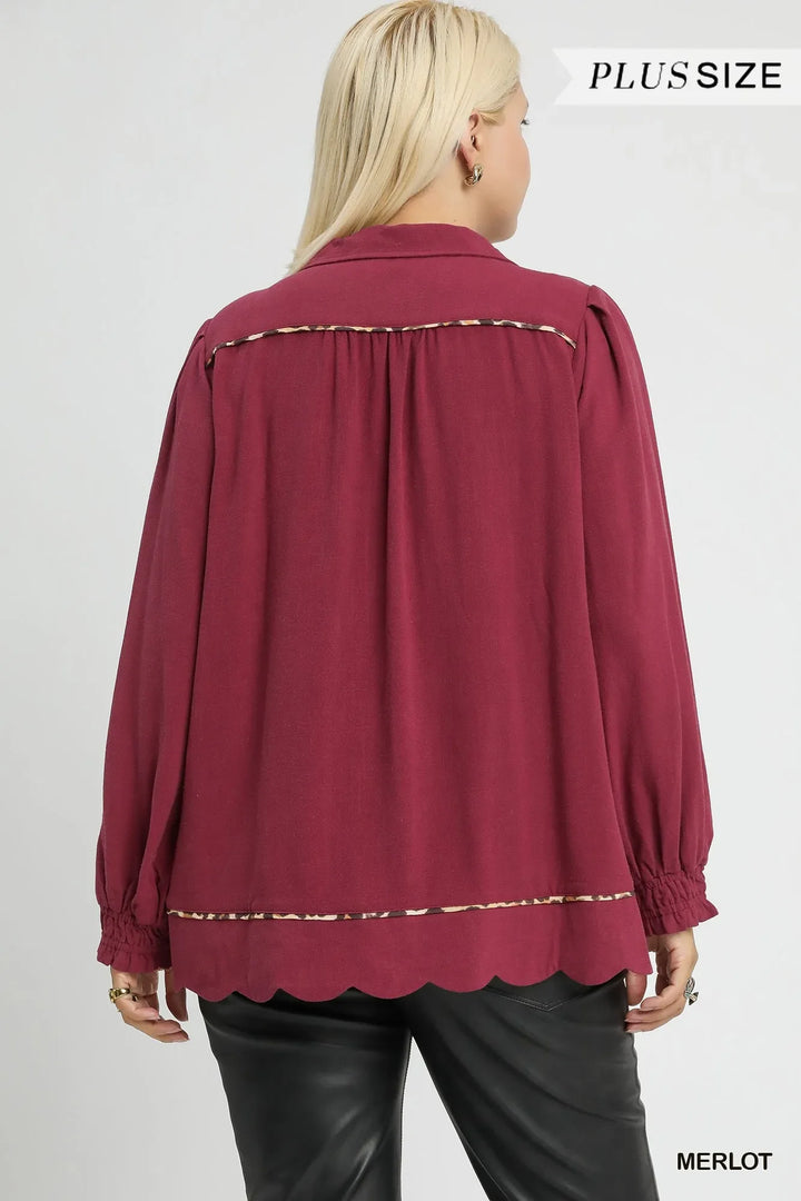 Umgee Full Size Linen Scallop Hem Blouse with Contrast Trim Plus Size