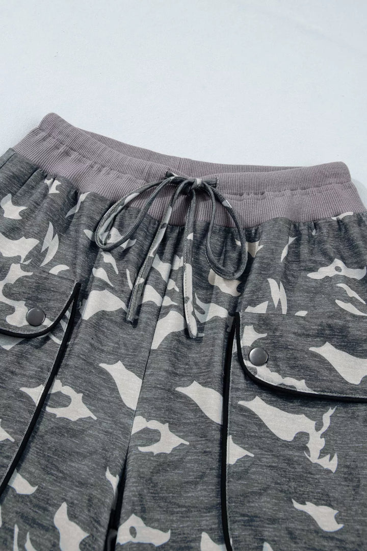 Multicolour Drawstring Contrast Waistband Camouflage Cargo Barrel Pants