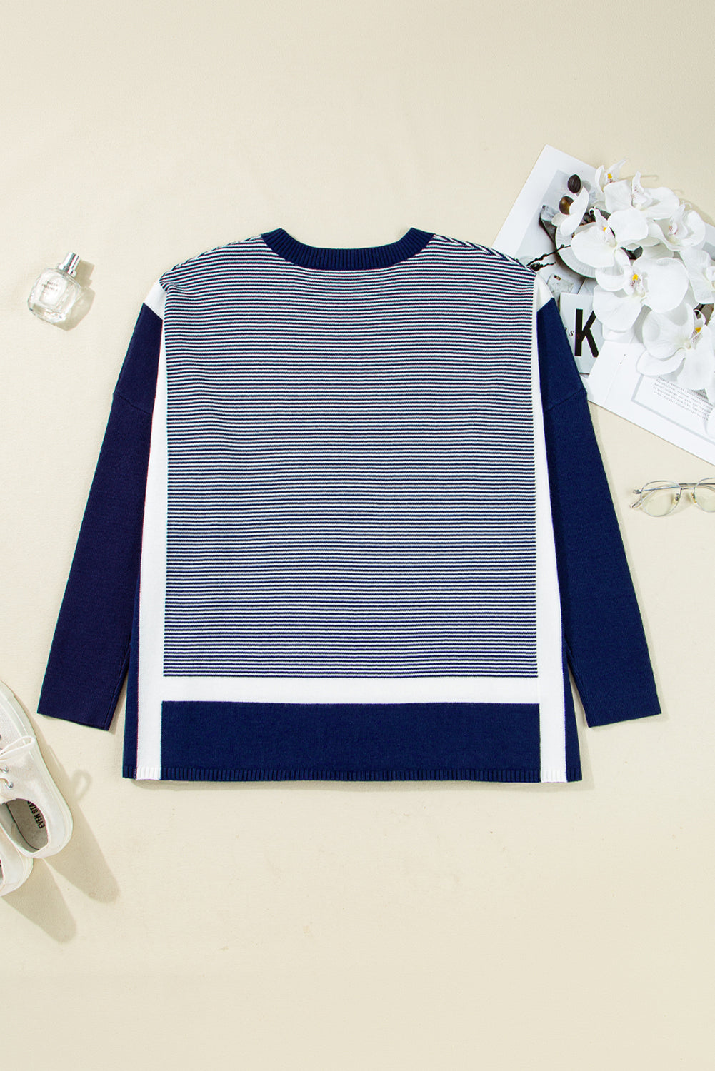 Blue Stripe Color Block Patchwork Dolman Oversize Tunic Sweater