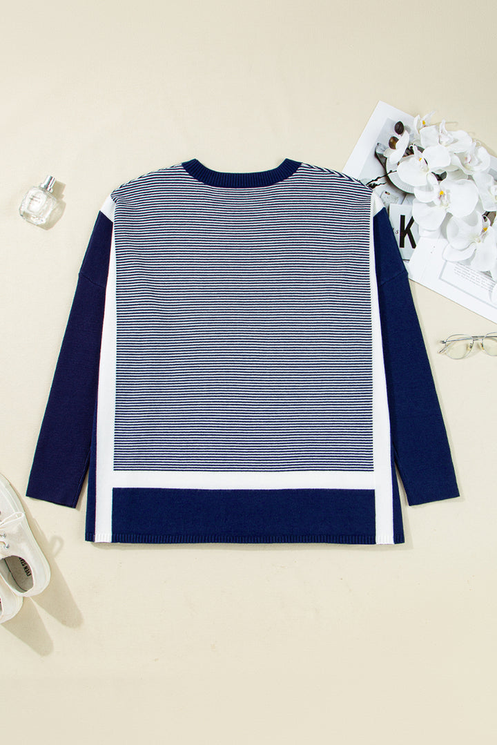 Blue Stripe Color Block Patchwork Dolman Oversize Tunic Sweater