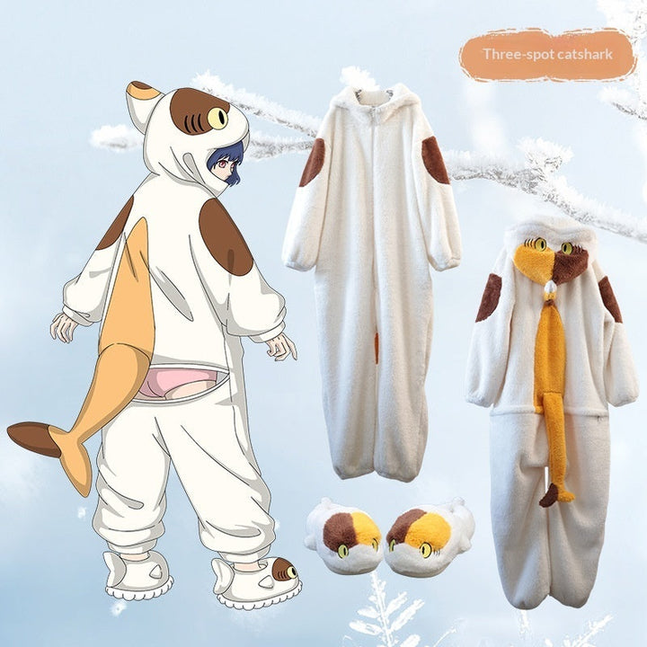 Anime Cartoon Funny Shark And Cat Onesie Pajamas Cute Cozy Loungewear Set