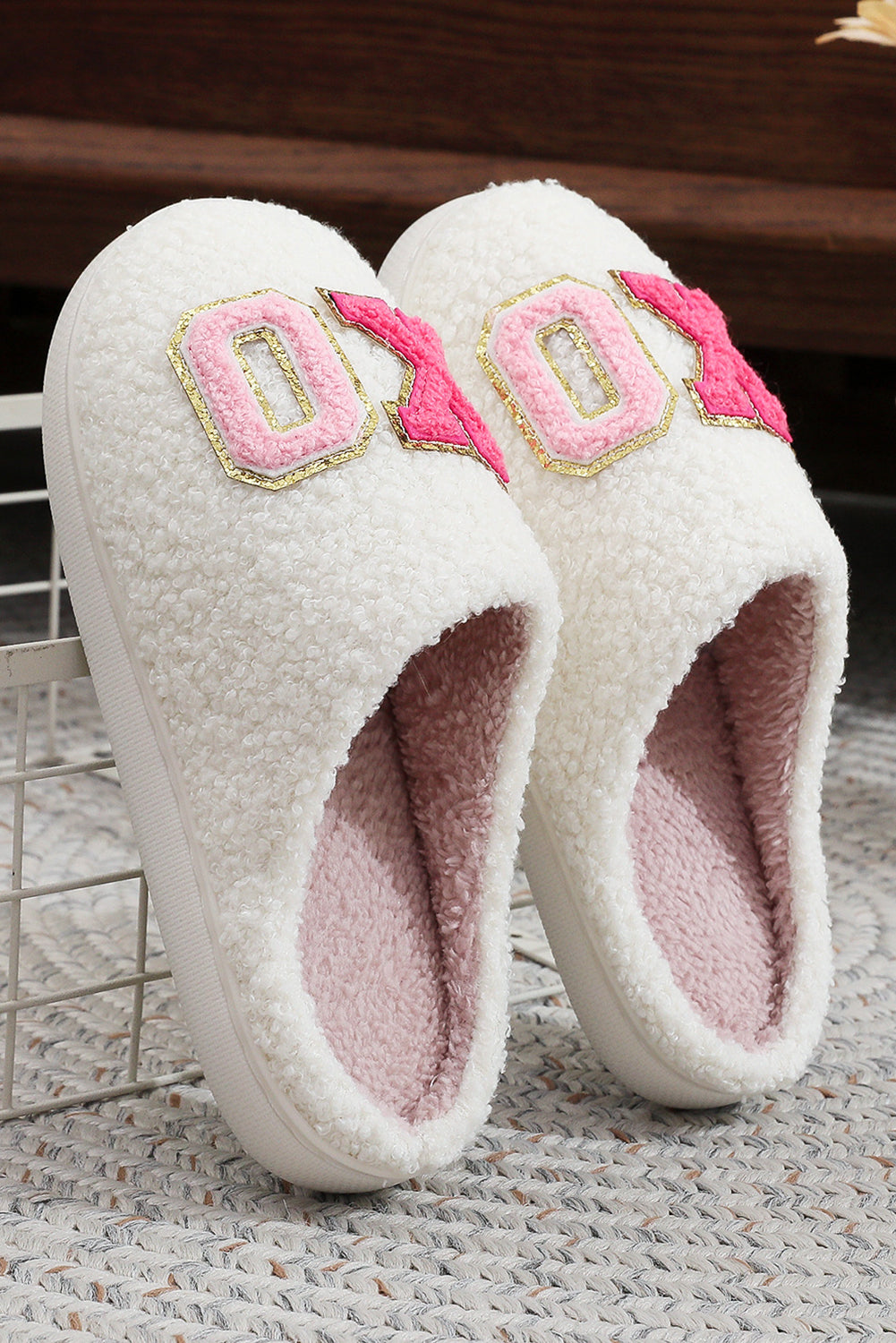 White XO XO Glitter Trim Letter Patched Plush House Slippers