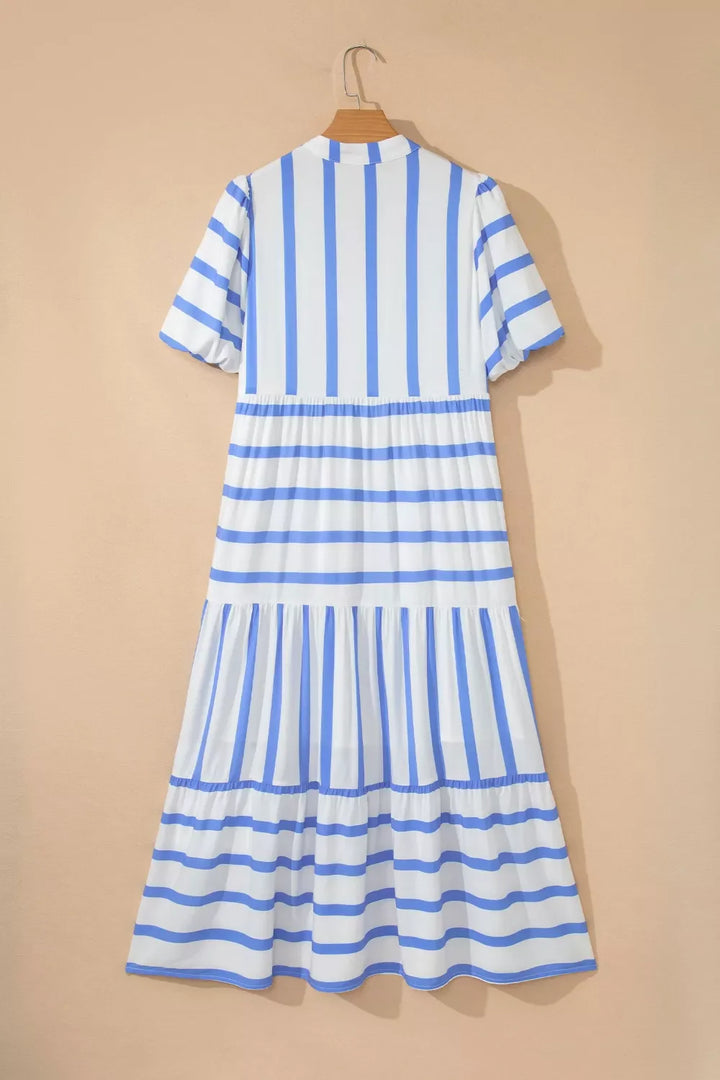 Stripe Ricrac Trim Notched Neck Half Sleeve Vacation Dress