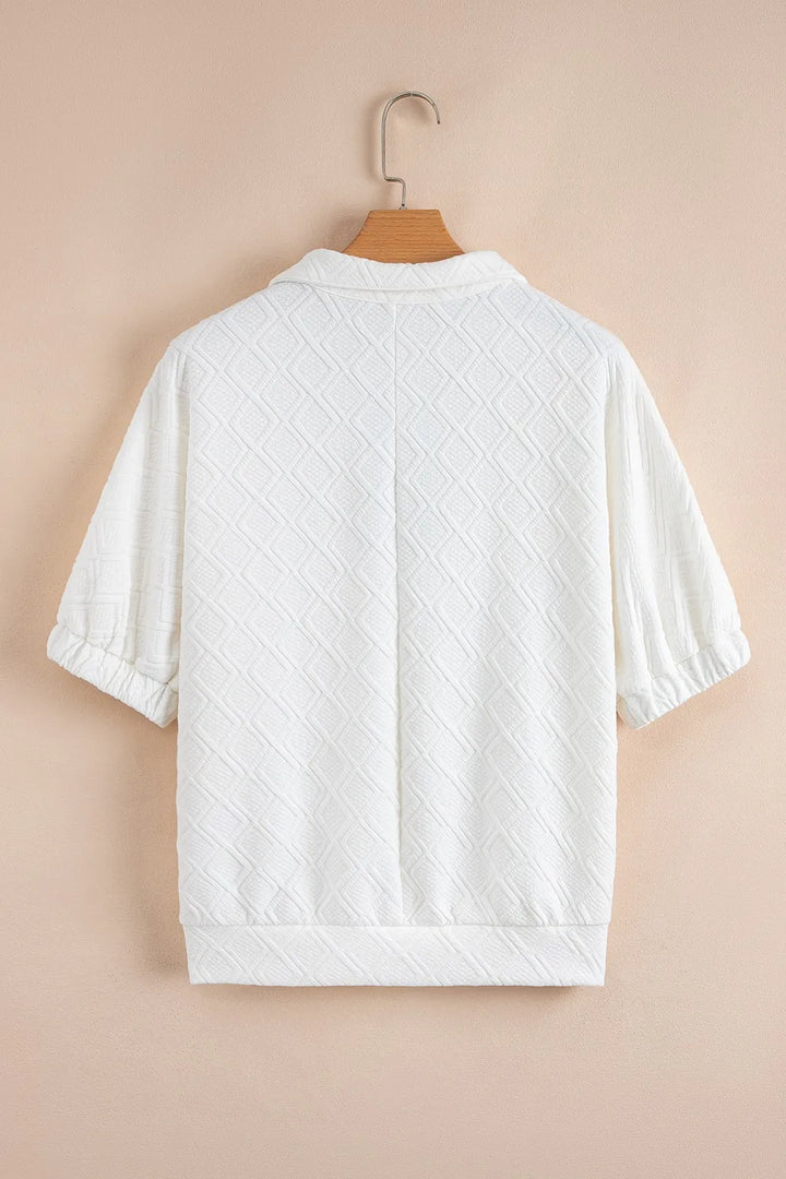 Contrast Striped Collar Patchwork Textured Half Sleeve Blouse