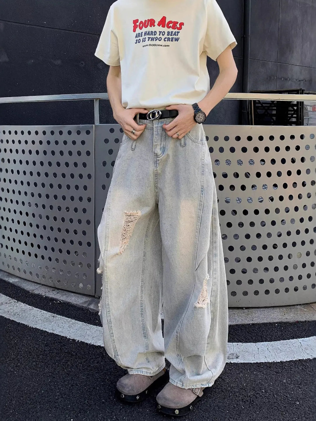 Men's Full Size Distressed Wide Leg Jeans Plus Size
