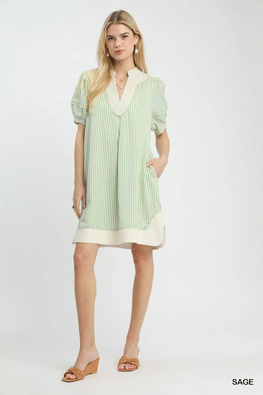 Umgee Pinstripe Shift Dress with Contrast Trim