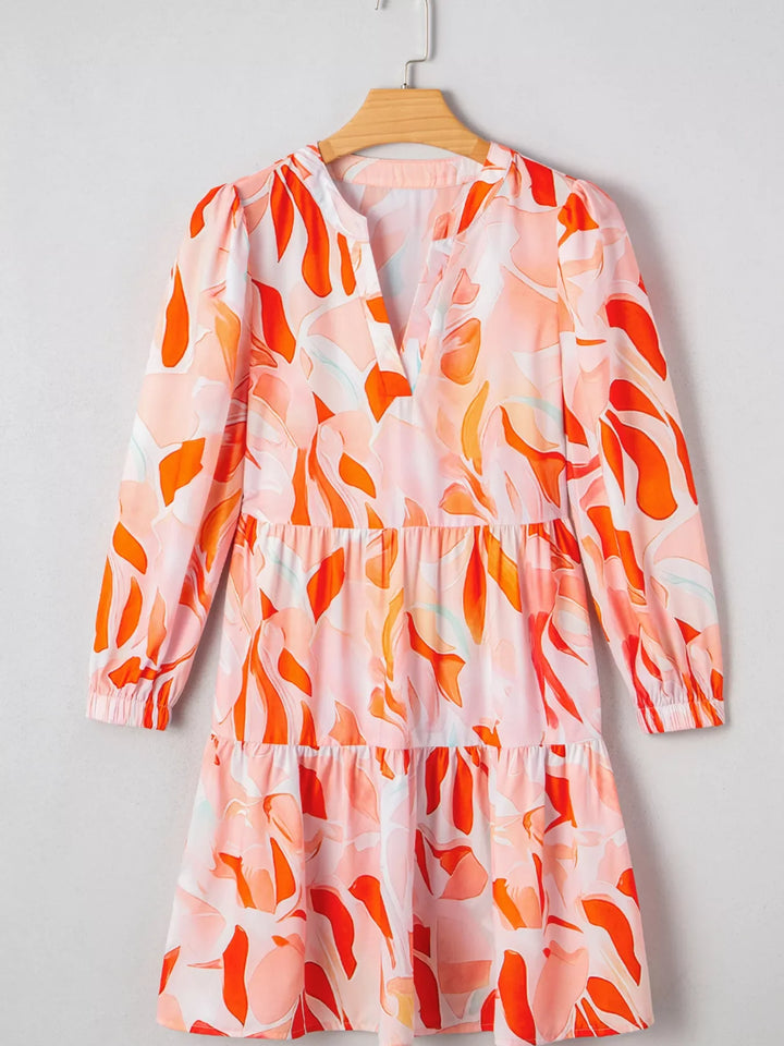 Abstract Print Long Sleeve Tiered Mini Dress