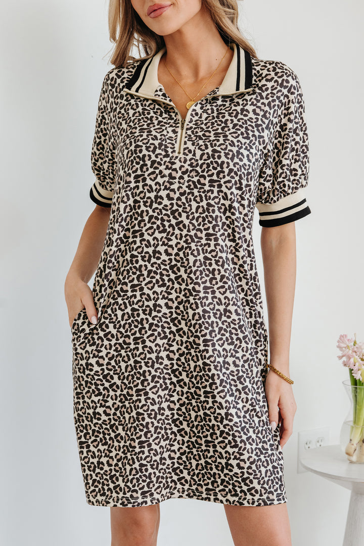 Khaki Leopard Print Zip Neck Striped Webbing Patchwork T Shirt Mini Dress