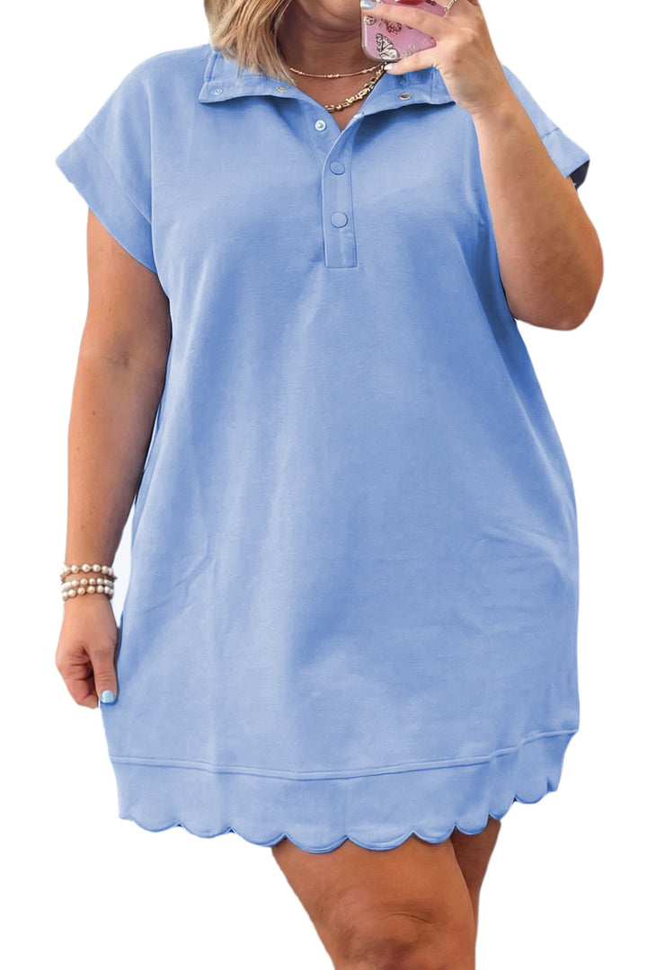 Beau Blue Plus Size Solid Scalloped Hem Button Neck Pullover Mini Dress