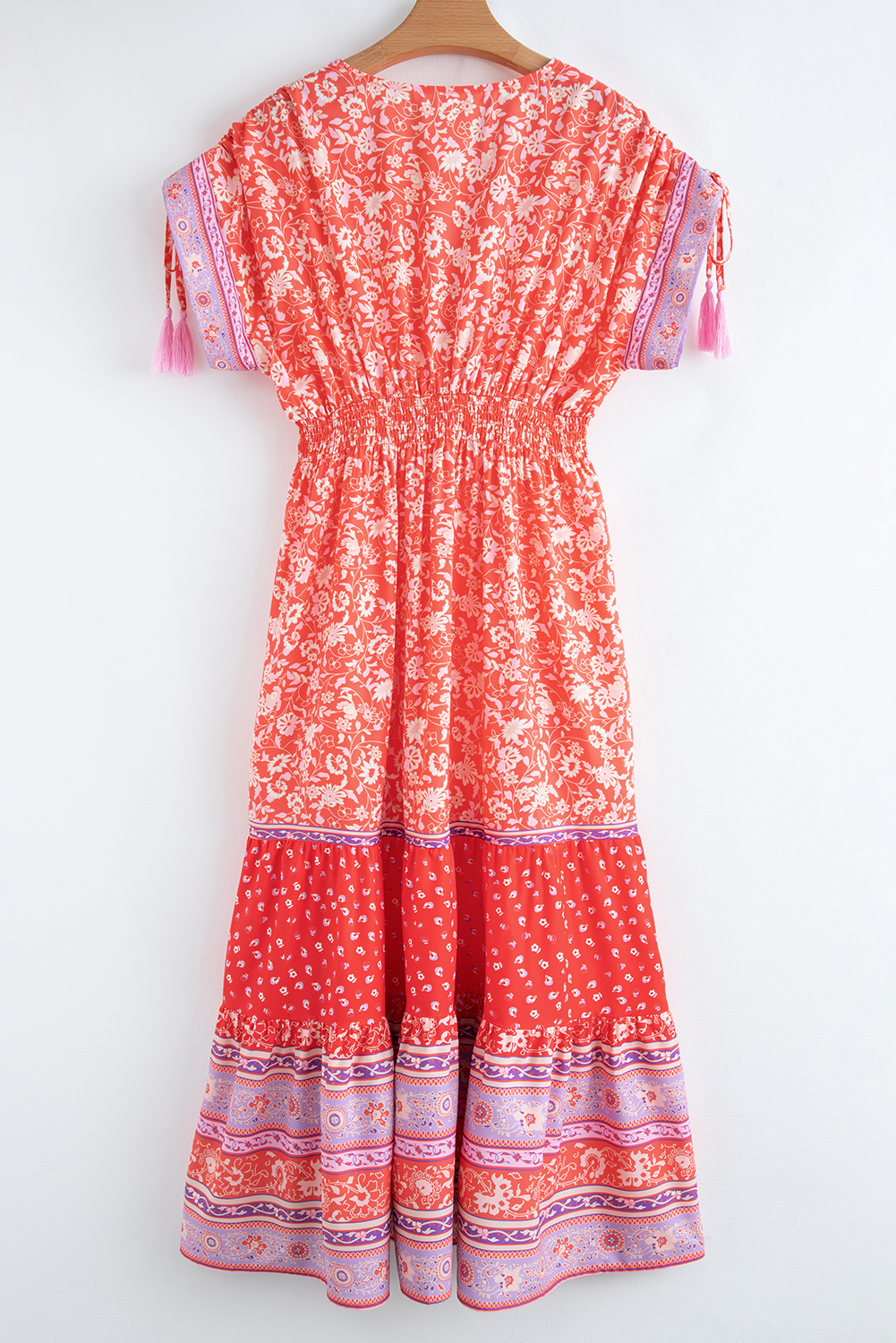 Red Floral Print Tasseled Tied Sleeve Empire Waist Maxi Dress