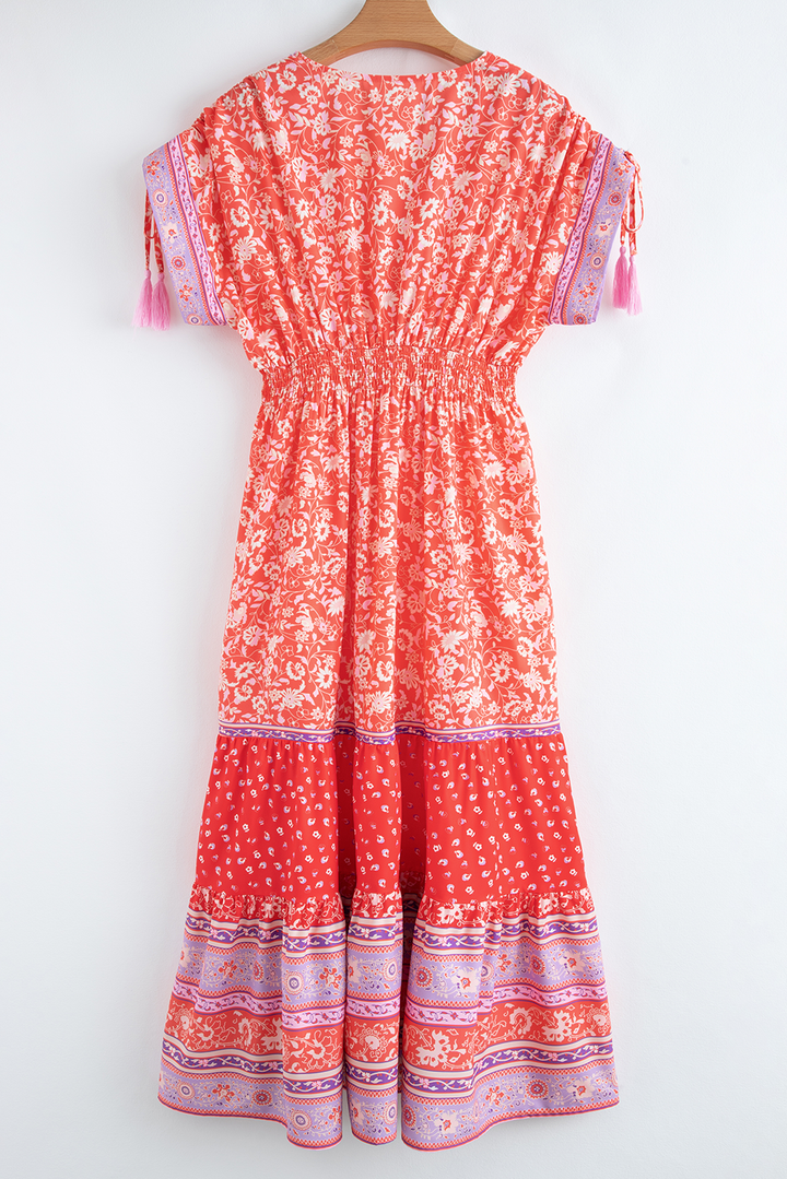 Red Floral Print Tasseled Tied Sleeve Empire Waist Maxi Dress