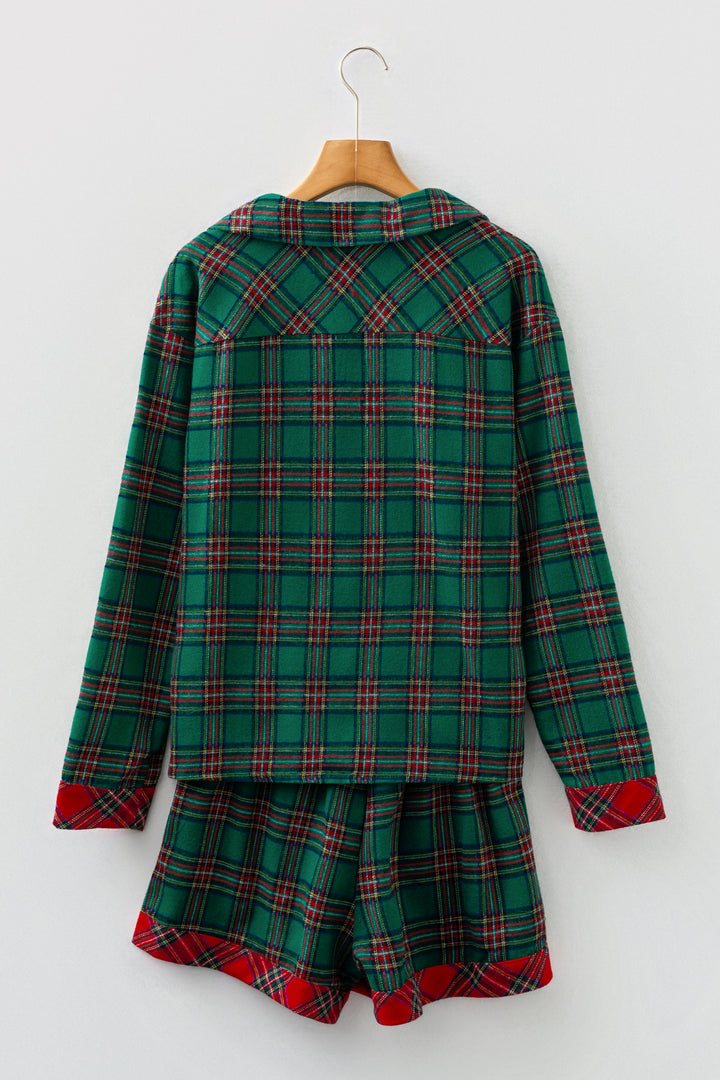 Green Plaid Contrast Patched Christmas Holiday Long Sleeve Shirt and Short 2pcs Pajama Set