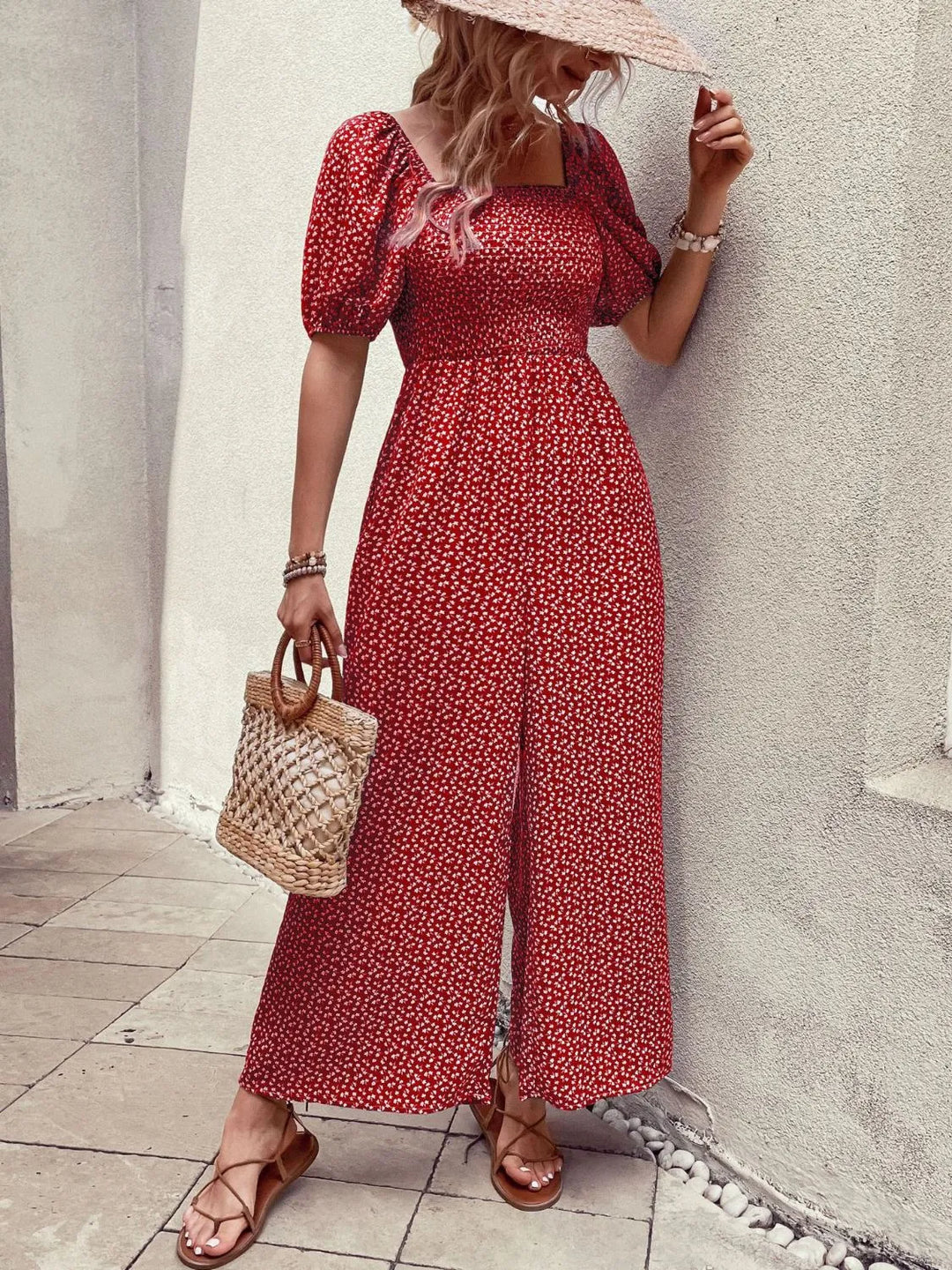 Printed Square Neck Puff Sleeve Jumpsuit