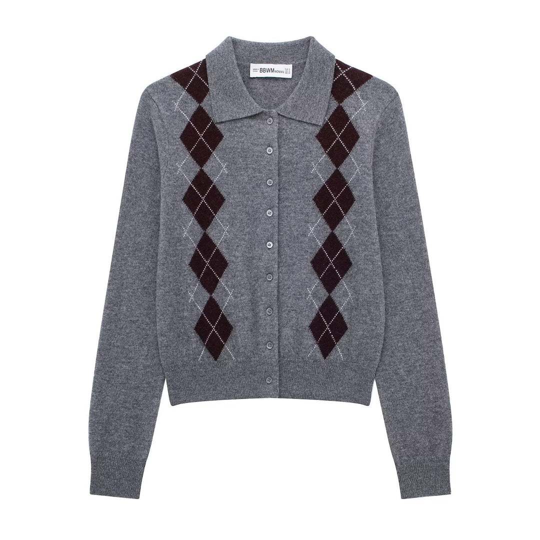 Womens Fashion Lapel Long-Sleeve Single-Breasted Knit Cardigan