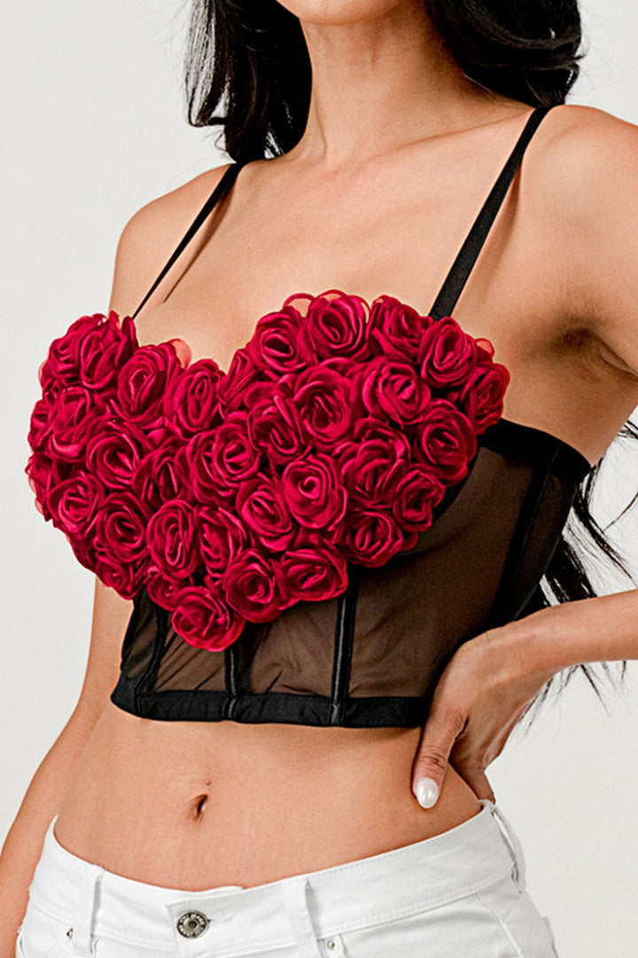 3D Heart Rose & Mesh Cropped Top- Black/Red