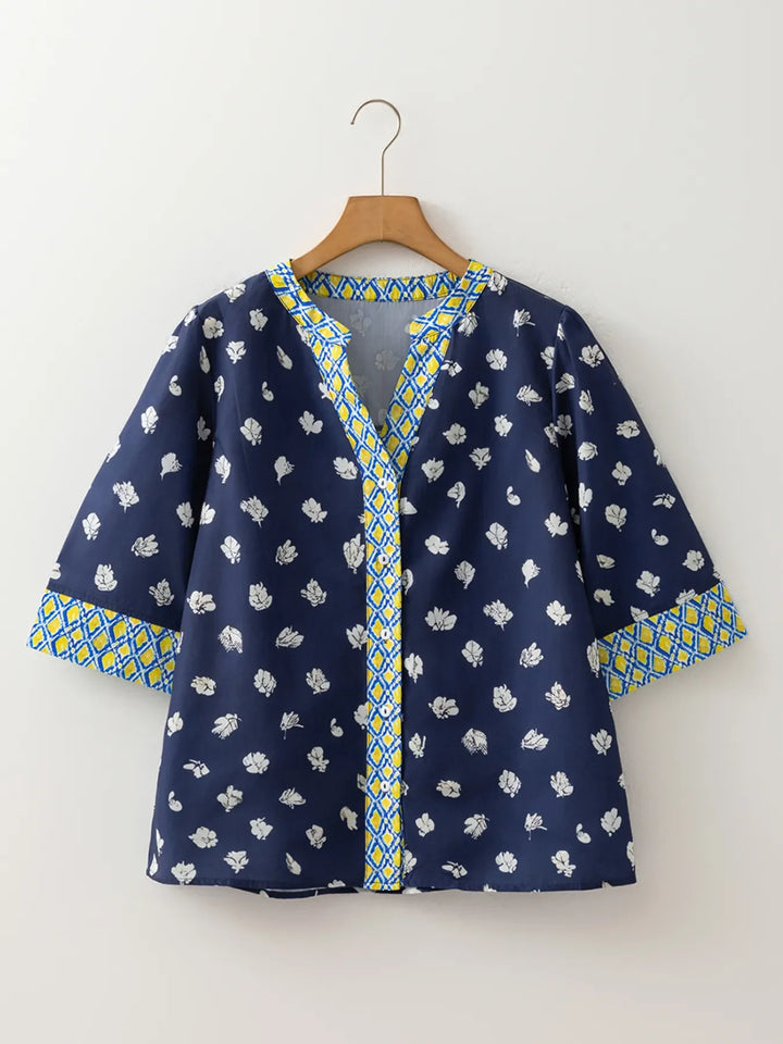 Floral Print Half Sleeve Contrast Trim Blouse