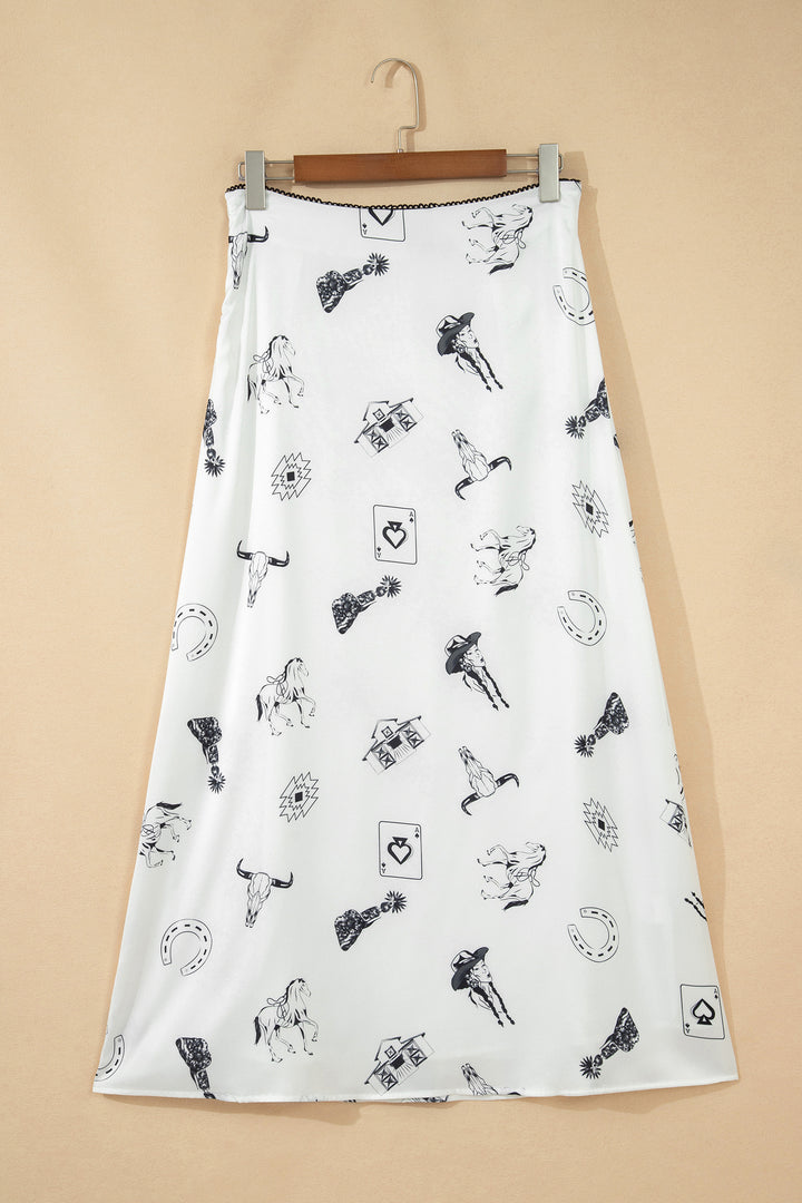 White Western Print Satin Long Skirt