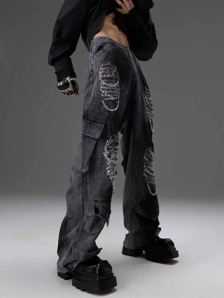 Retro Distressed Denim Jeans With Pearl And Metal Hardware Work Pants