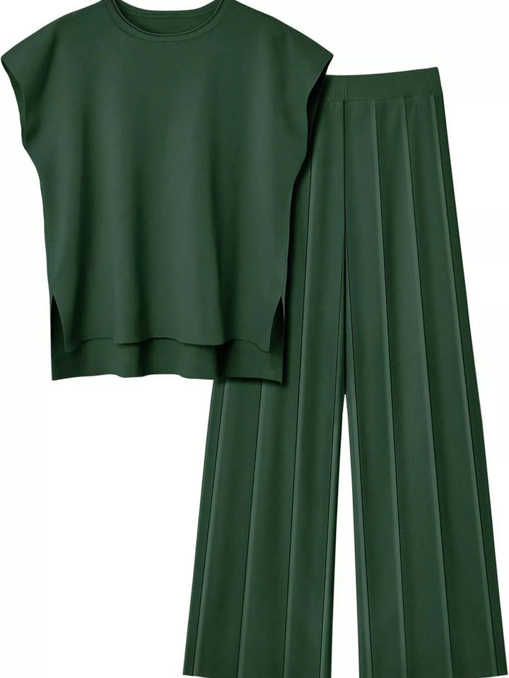 Casual Solid Color Cap Sleeve Top and Pants Knit Set