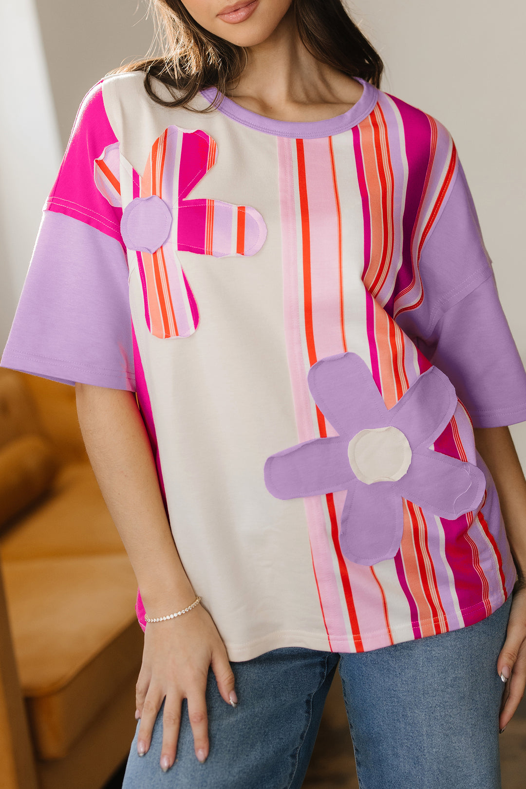Pink Striped Color Block Flower Patched Half Sleeve Loose Top