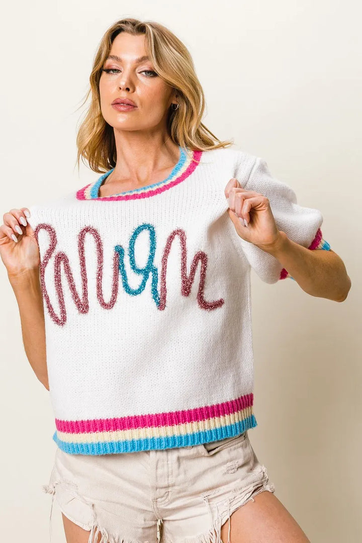 BiBi Metallic Letter Short Puff Sleeve Sweater
