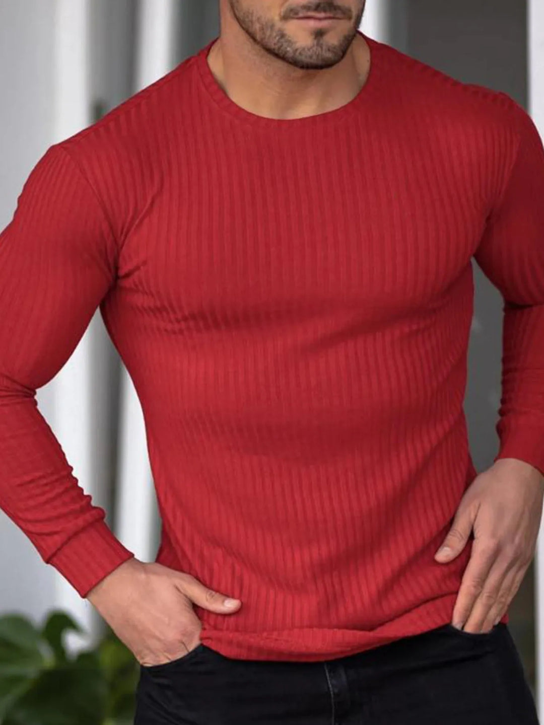 Men's Ribbed Round Neck Long Sleeve T-Shirt