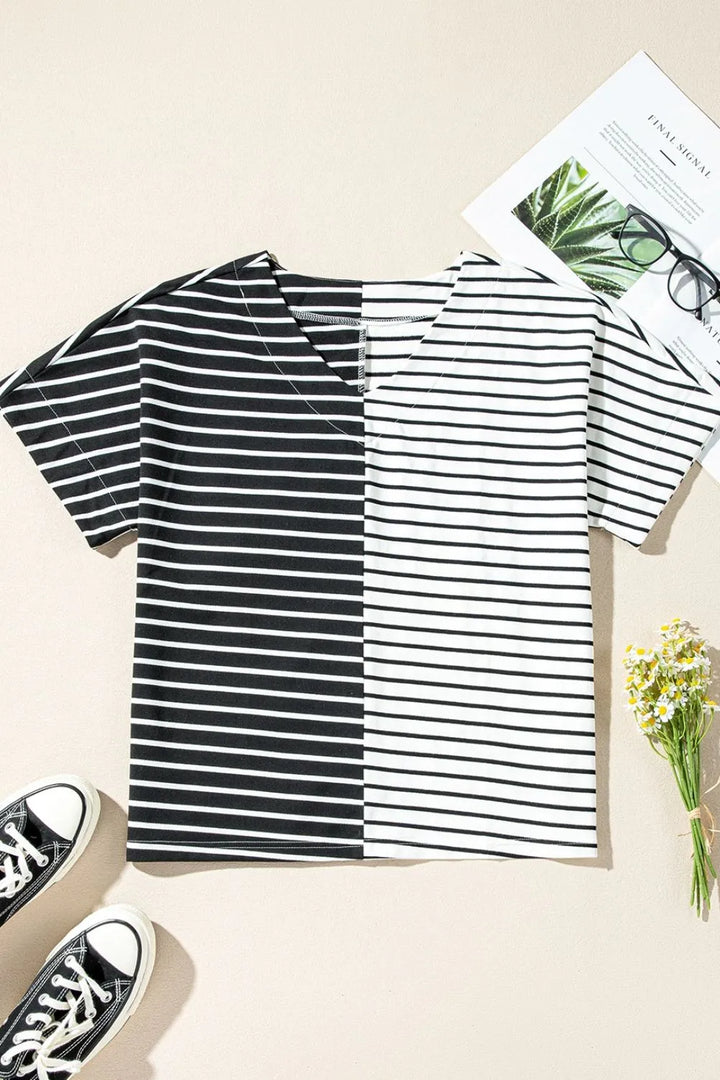 Stripe Two Tone Colorblock V-Neck T-Shirt