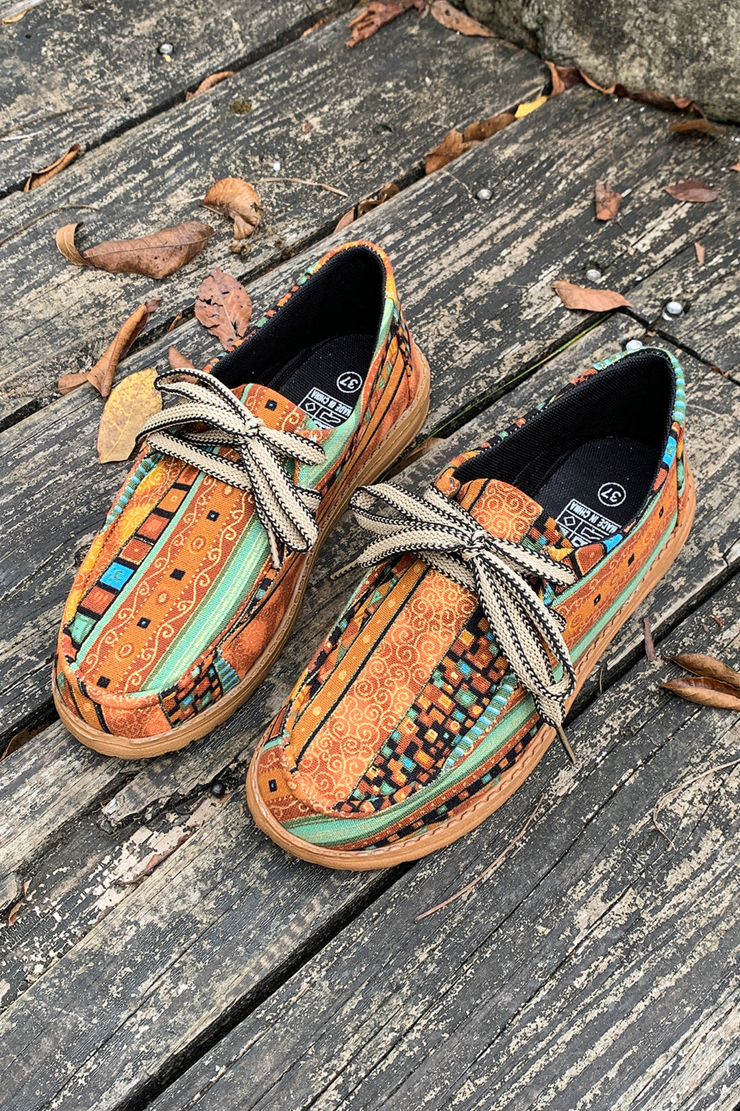 Mustard Ethnic Artistic Print Lace-up Detail Comfort Loafer Shoes