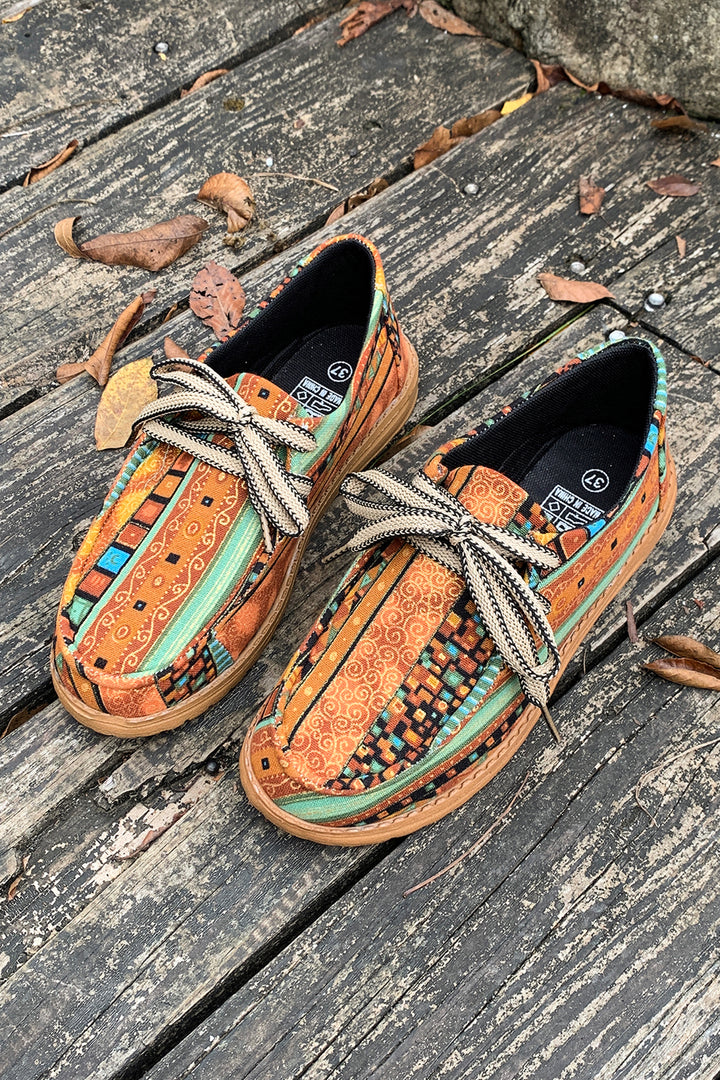 Mustard Ethnic Artistic Print Lace-up Detail Comfort Loafer Shoes