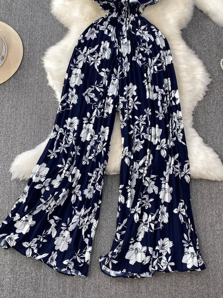Floral Print Wide Leg Pleated Jumpsuit