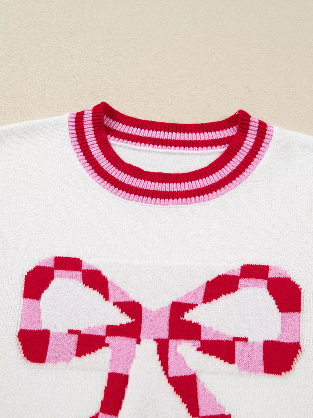 Striped Trim Bow Graphic Round Neck Drop Shoulder Sweater