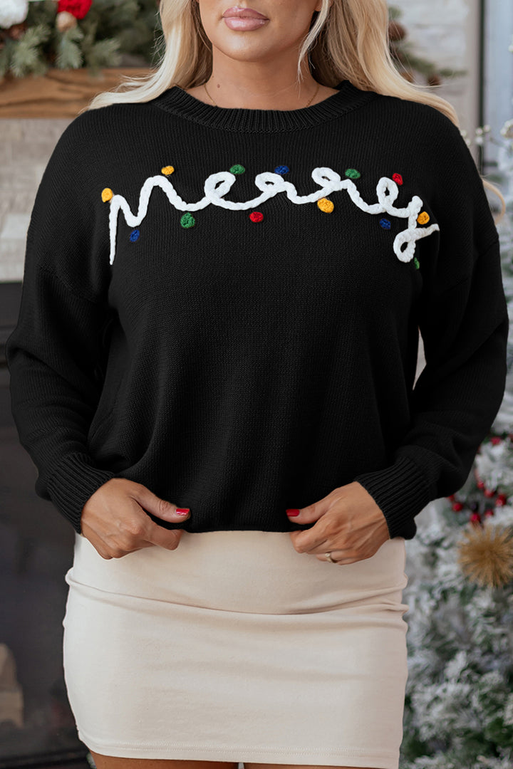 Black Merry Colorful Dot Detail Christmas Drop Shoulder Sweater
