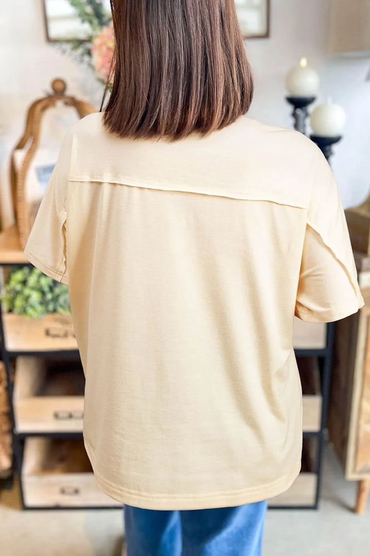 Flower Patched Exposed Stitching Trim Crew Neck Loose Tee