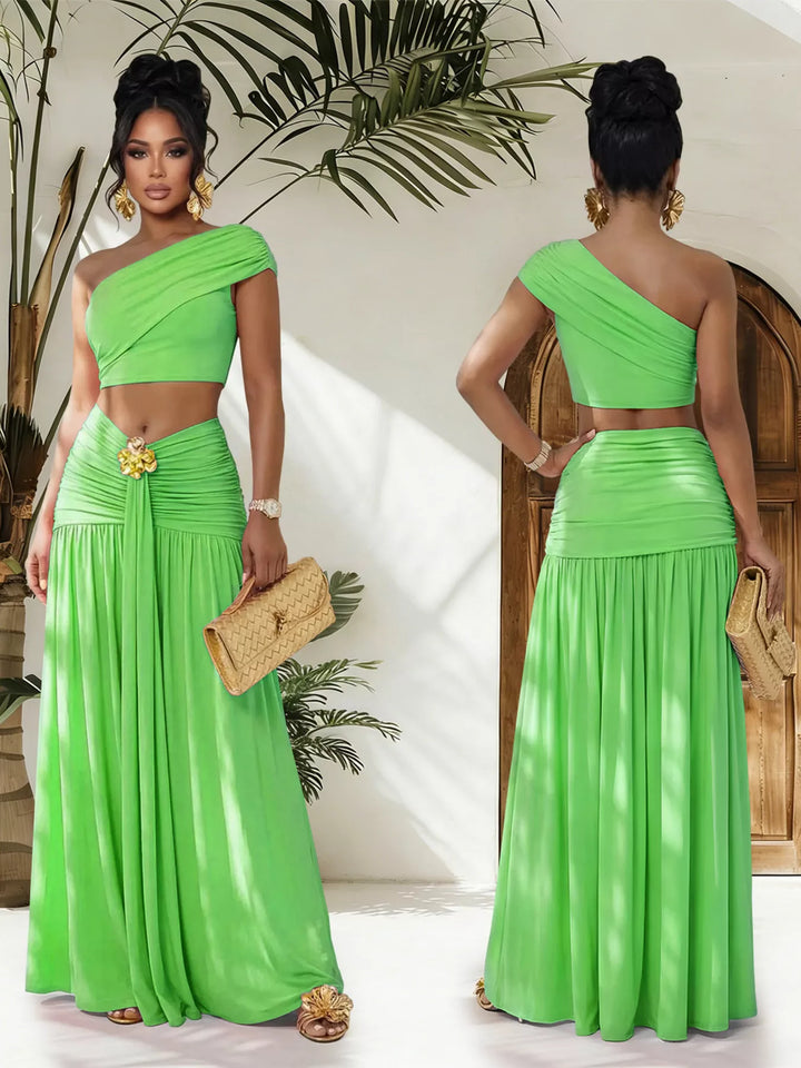 One-Shoulder Top and Ruched Maxi Skirt Set
