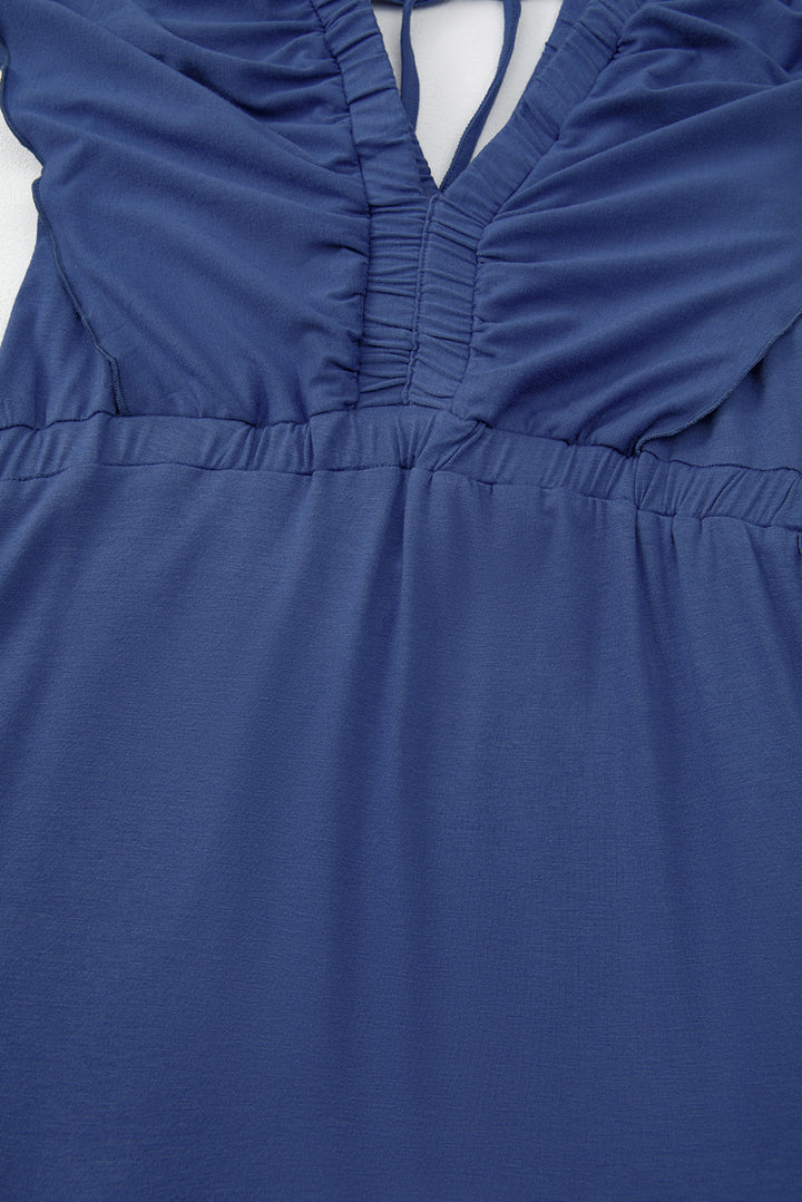 Navy Blue Textured V Neck Flutter Sleeve Ruffled Maxi Dress