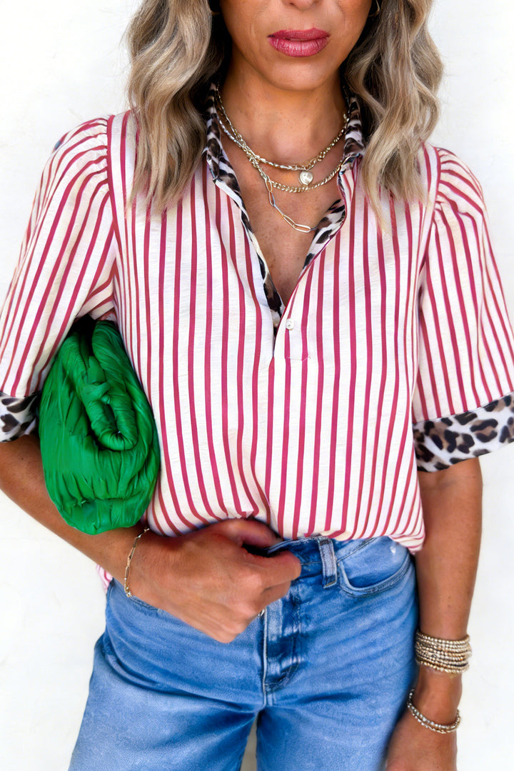 Red Stripe Leopard Contrast Trim Half Button Blouse